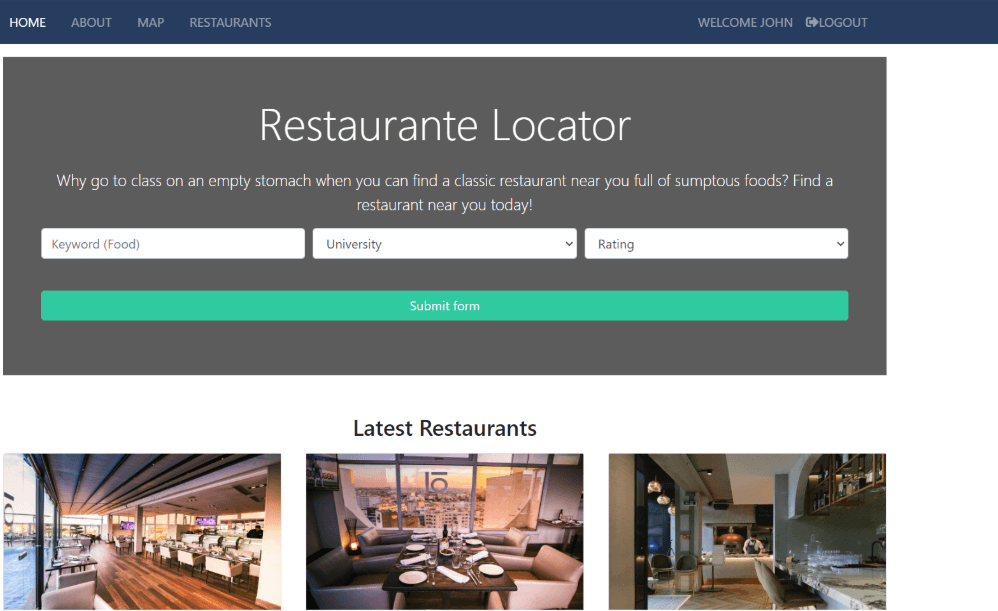 Restaurant finder app interface with map view