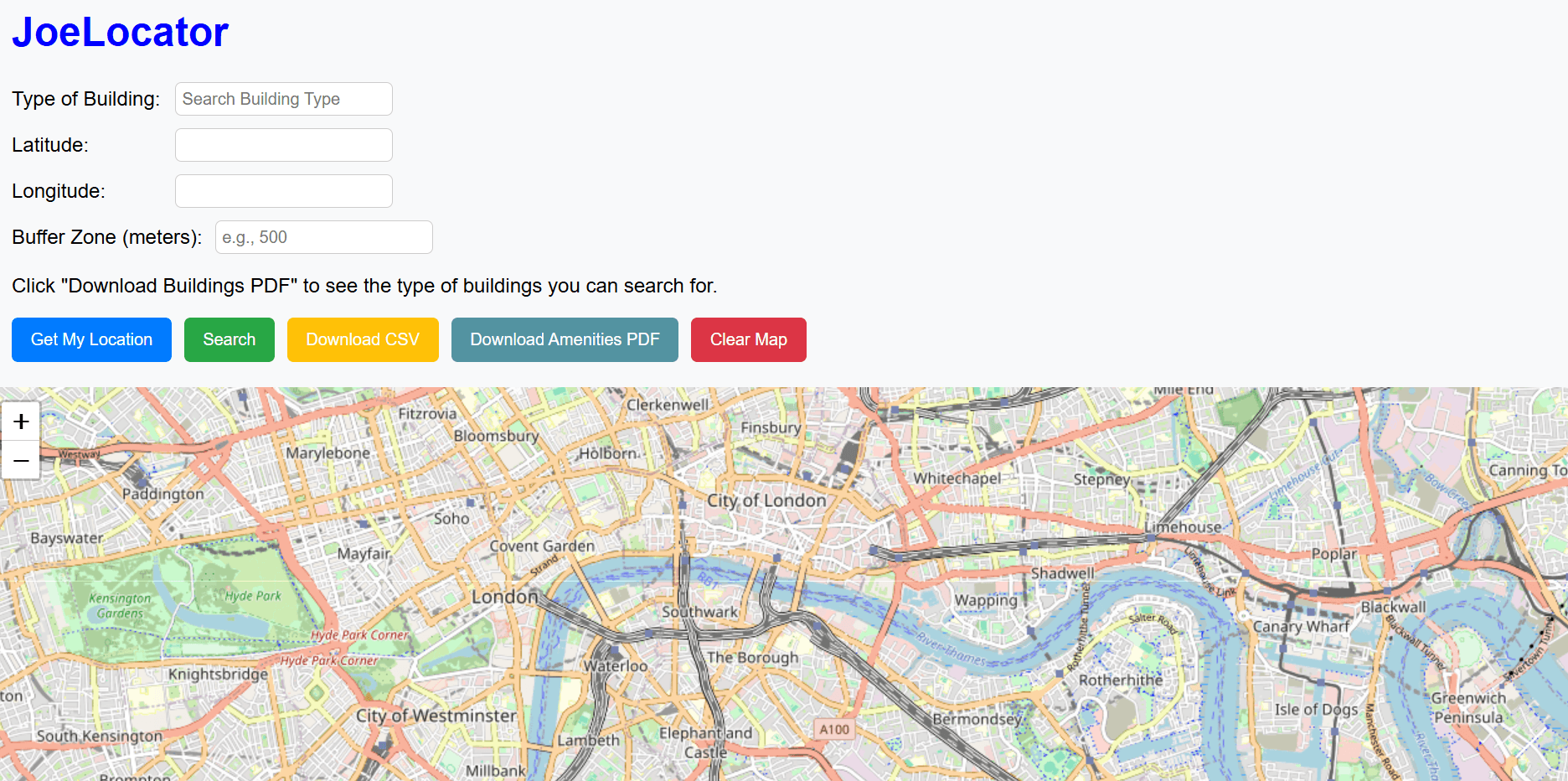 Joe Locator web app showing London on an interactive map