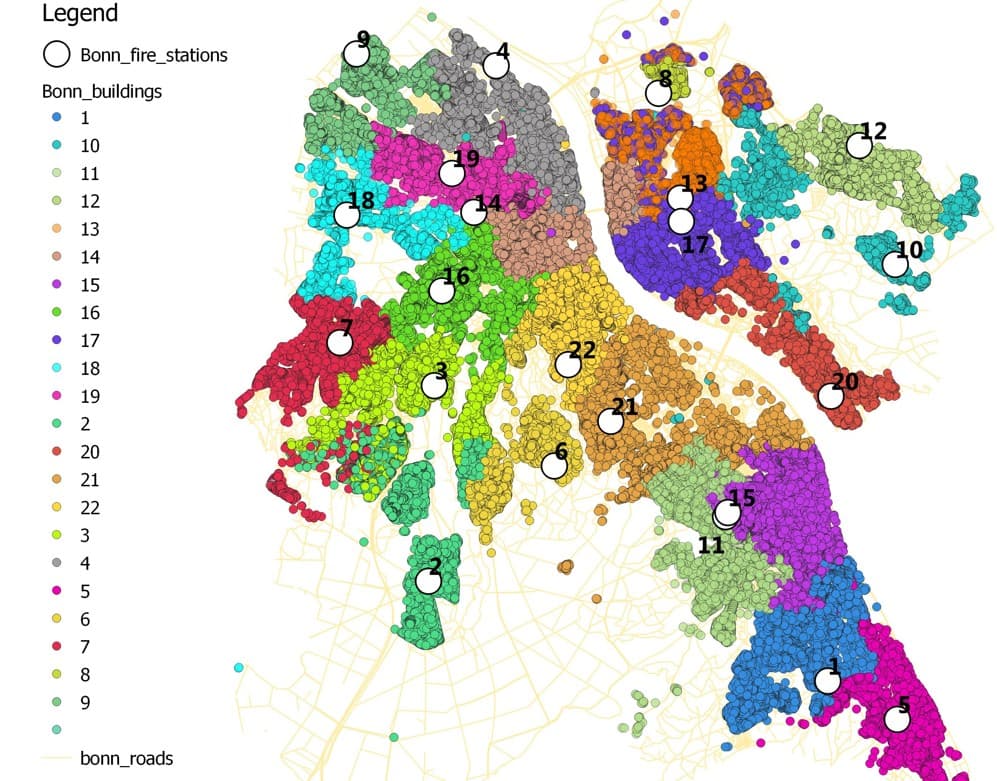 GIS map showing optimized fire station allocations across Bonn